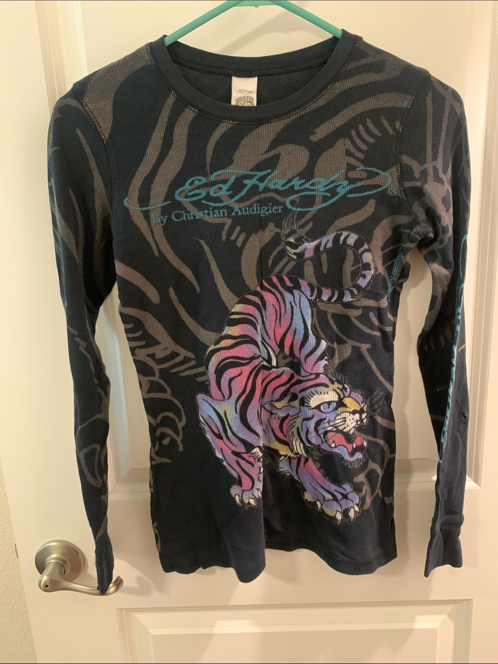 Ed Hardy Black Long Sleeve Tee with Multicolor Tiger and Teal Script